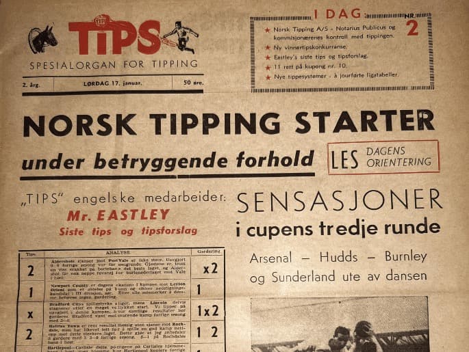 Bilde av et gammelt avis som inneholder tippetips på 40-tallet.