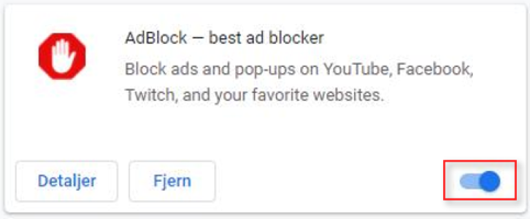 Skjermbilde som viser hvordan bryteren for å deaktivere AdBlock i Google Chrome ser ut.