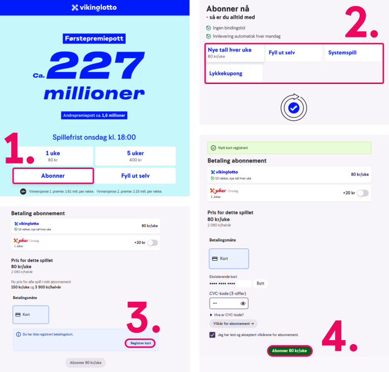 Skjermbilder som viser hvordan man oppretter et abonnment og legger til et betalingskort, steg for steg