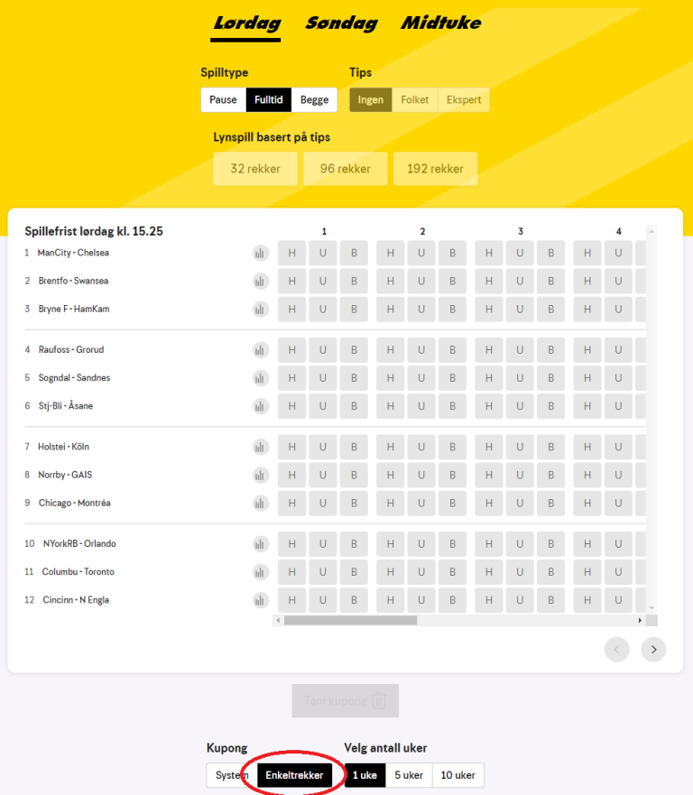 Skjermbilde som viser hvordan man velger enkeltrekker på Tipping